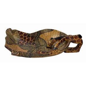 African Kenya Wood Giraffe Drinking Leaf Bowl Folk Art 12" Hand Carved & Painted